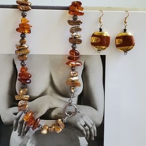 SOLD Vintage 70's Amber Beaded Necklace + Earrings Set